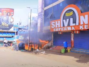 Razing fire in Kisii town CBD next to Shivlings Supermarket destroys properties worth millions