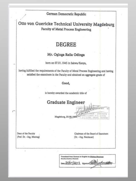 Raila’s Master degree Certificate from Technical University of Magdeburg (Philology Degree from University of Leipzig)